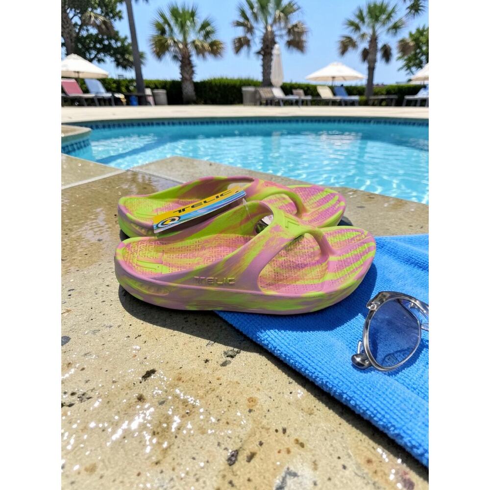Telic Energy Flip Flops Color: Pink & Green Marble Swirl  Size: 6